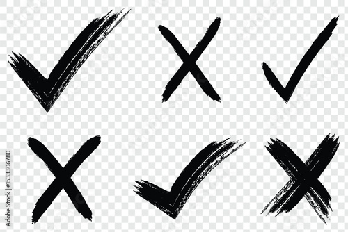 Check mark and cross mark. Grunge brush hand draw Yes and no icon. Check mark or tick mark and cross with brush signs. Grunge checkmarks and cross symbols set.