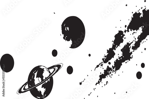 Abstract Space Scene with Planets and Ink Splatter