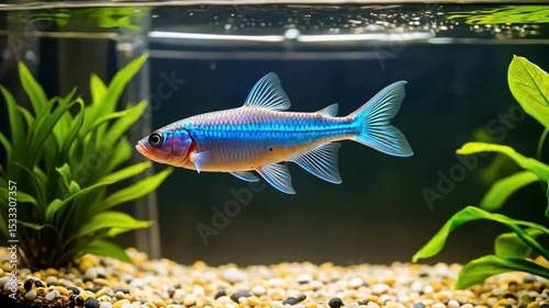 Aquarium fish swimming in tank, aquatic plants, hobby. Close up aquarium fish.