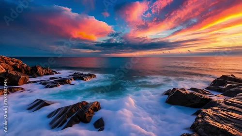 Stunning sunset over ocean with rocky coast. Beautiful seascape, vibrant clouds, turquoise water, nature, travel, landscape and scenic views.