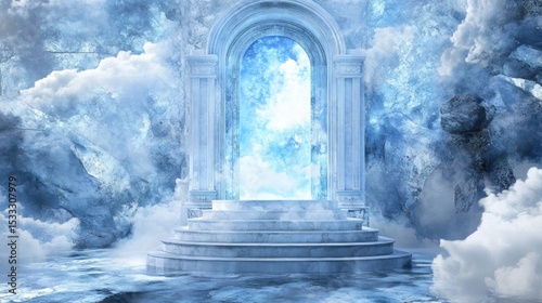 Whimsical white archway to a sky portal