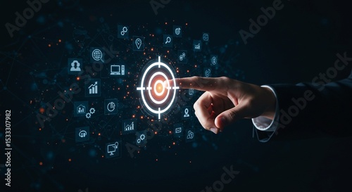 Businessman's hand presses a digital button on a touchscreen, symbolizing connection and email communication