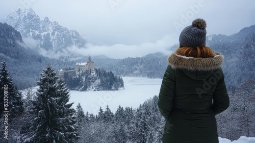 Winter landscape with woman gazing at castle