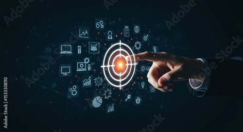 Hand touching a digital email symbol on a futuristic screen, representing global communication and technology solutions