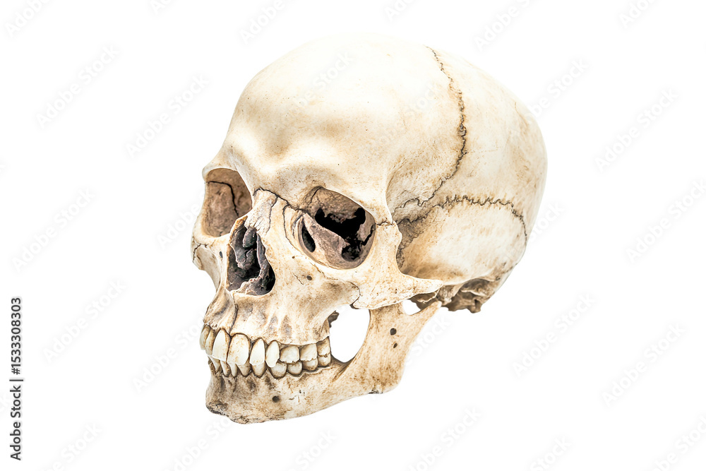 Obraz premium Human skull, three-quarter view, isolated on transparent background, showing detailed bone structure, teeth, and empty eye sockets, pale beige color, anatomical study.