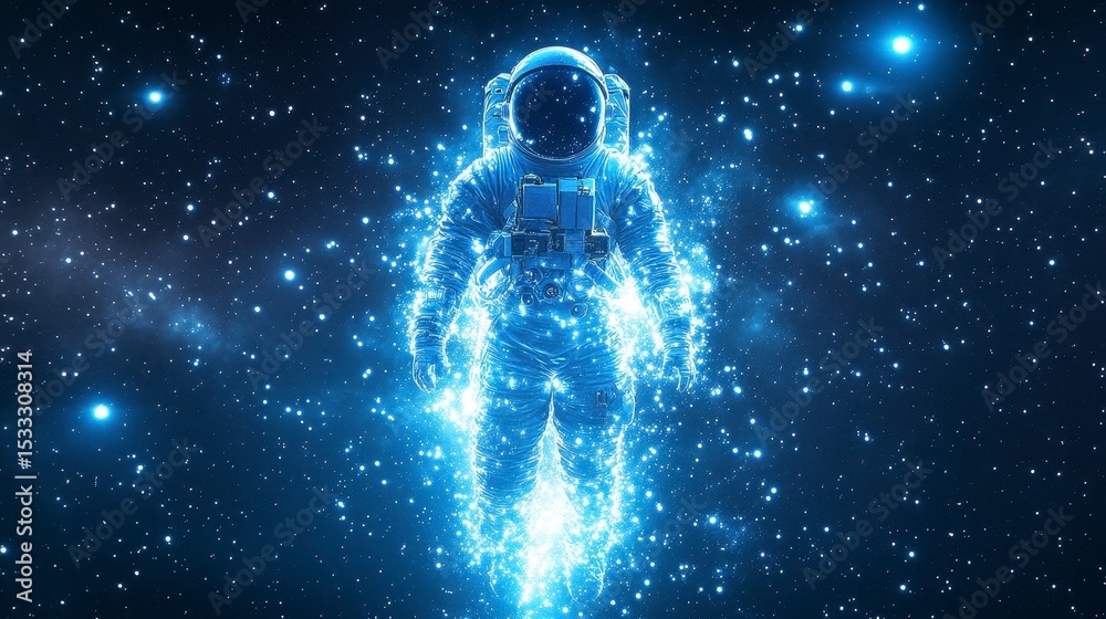Fototapeta premium Astronaut in a Cosmic Environment Surrounded by Stars and Light