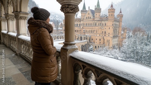 Woman gazing at a snowy castle