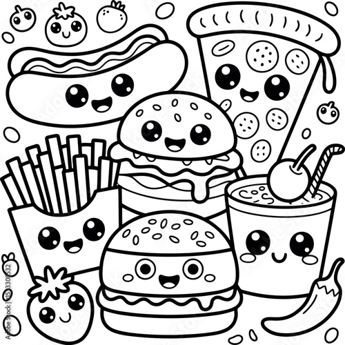 A delightful kawaii coloring page filled with happy fast food characters. This fun doodle features smiling burgers, a hot dog, pizza, fries, and a drink, all waiting to be brought to life with color.
