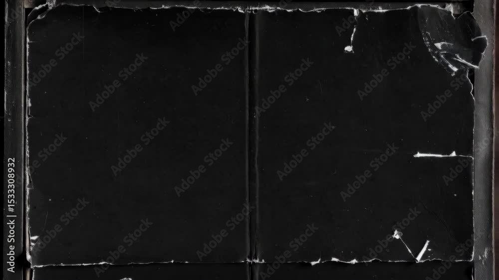 Dark black surface texture with torn edges and worn paper effect, folded in the center of the frame