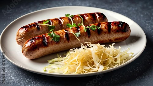 Two grilled sausages served with sauerkraut on a plate. Delicious food concept.