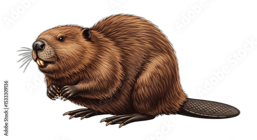Illustration of a brown beaver with prominent teeth and a flat tail on a black background isolated image