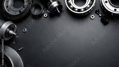 Arrangement of steel car parts including brakes, ball bearings, and nuts against a dark gray surface.