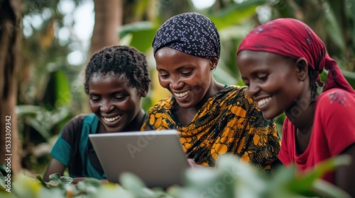 Women using laptop in a lush garden
