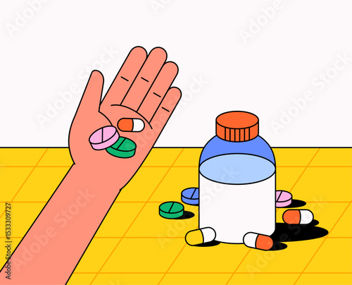 Cartoon illustration human hand holding colorful pills, with a medicine bottle and scattered capsules on a yellow table  for use in healthcare, pharmacy, medication design background