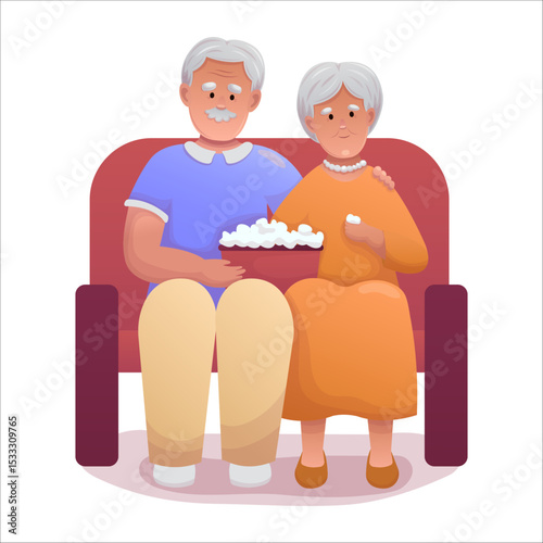 Cute elderly couple watching movie with popcorn. Happy seniors spending time together actively