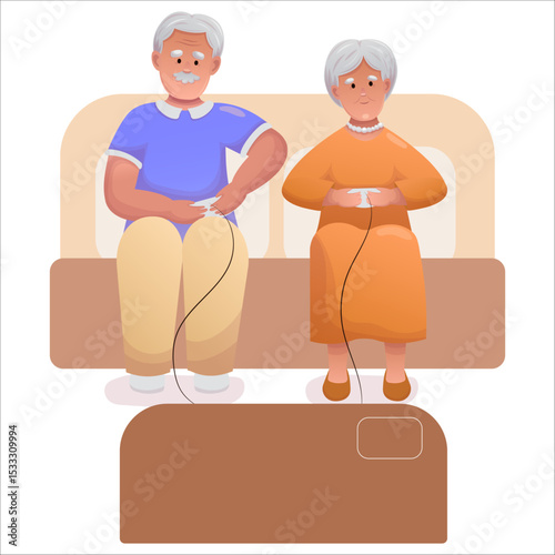Cute elderly couple playing video games together. Happy seniors spending time together actively