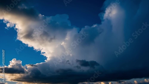 Dramatic cloudscape featuring fluffy white clouds against a vibrant blue sky, an inspiring scene of nature's beauty and serene atmosphere.