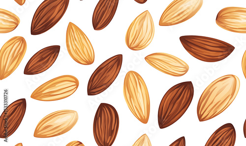 Realistic and artistic representations of almonds, almond farming, processing, and almond-based products like milk, butter, and oil isolated on a white background.