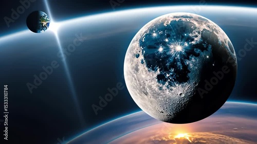 Striking view of Moon, Earth and City Lights in Space, cosmos, and universe