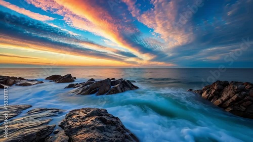Spectacular ocean sunset with colorful sky, waves crashing on rocks; coastal seascape. Stunning horizon with vibrant blue and orange hues.