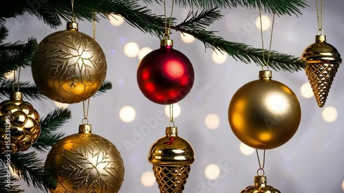 Festive Christmas tree branch with gold and red ornaments decoration for holiday season. Christmas holiday, decorative. Gold Christmas decorations with bokeh lights background.