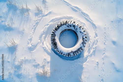 Aerial Drone View of Abandoned Rural Snow-Covered Tire in Scenic Winter Landscape