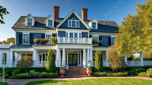 Beautiful blue house exterior with manicured lawn, architecture, and garden. Modern home, real estate, and residential property concept.