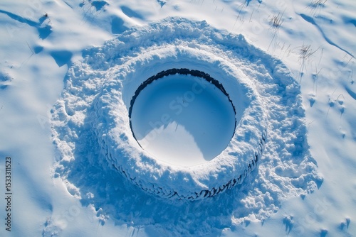 Winter Landscape Aerial View. Pristine Snow Patterns and Circular Tire Tracks in Rural Countryside