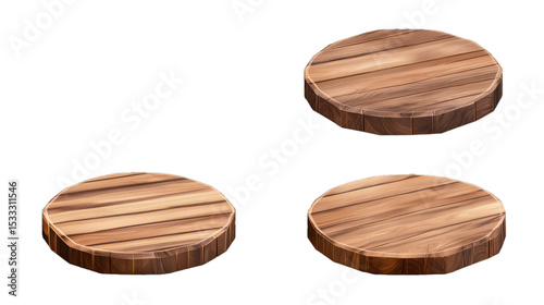 Realistic set of circle, hexagon wooden boards isolated on transparent background. Vector illustration of natural oak, pine, poplar geometric wood platform angle view. Podium for product show