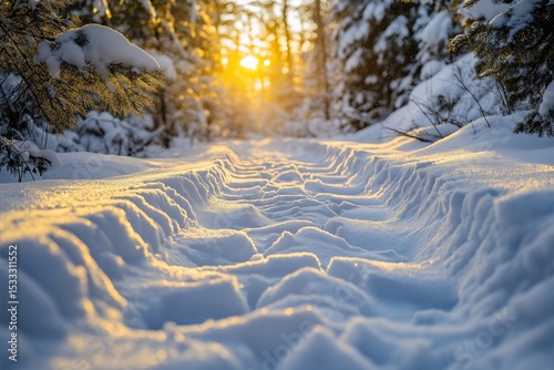 Snow-Covered Forest Wilderness. Scenic Winter Tracks at Sunrise for Nature Photography and Exploration