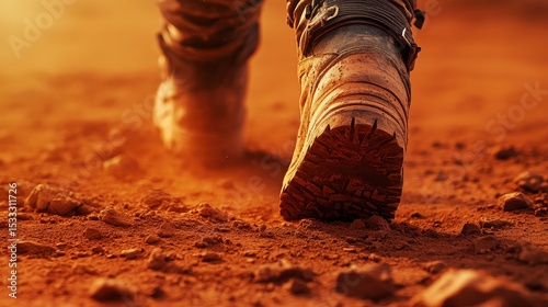 Close-Up of Boot Walking on Mars-like Red Dusty Surface at Sunset