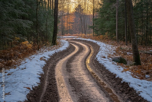 Scenic Autumn Dirt Track through Forest Path with Snow Patches at Golden Hour Nature Photography