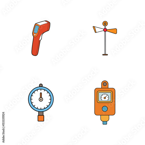 Engineering tool set with infrared thermometer pressure gauge anemometer and flow meter vector illustration.