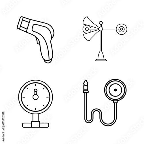 Engineering tool line art with infrared thermometer pressure gauge anemometer and flow meter vector illustration.