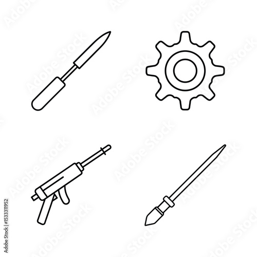 Engineering tool line art set featuring reamer chisel gear puller and grease gun vector illustration.