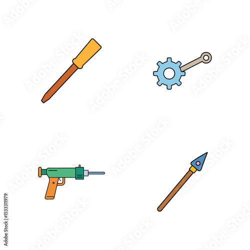 Engineering tool set with reamer chisel gear puller and grease gun equipment vector illustration.
