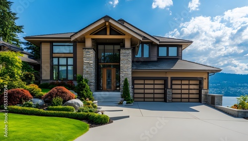 Luxurious modern home with landscaped yard.