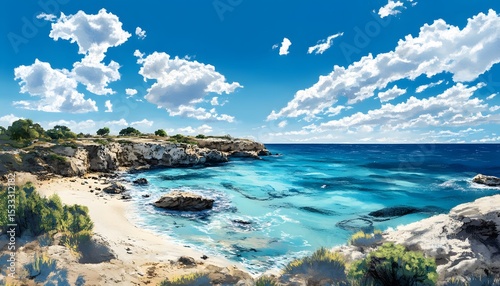Scenic coastal view of a tranquil beach with turquoise water and a dramatic cliff face.
