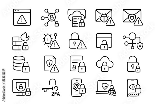 Minimalist Cybersecurity Line Icons Set: Data Protection, Network Security, Privacy, Threat, Antivirus, and More