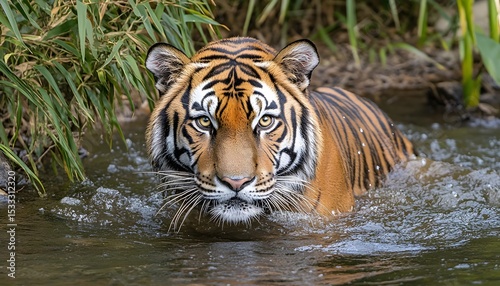 Close-up of a tiger in a shallow stream.