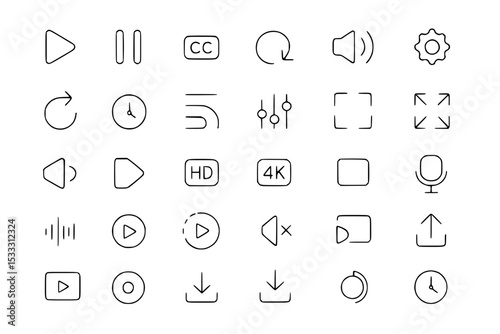 Media Player Control Line Icons Set: Play, Pause, Volume, Settings, Video, Audio, and More