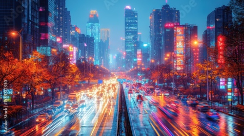 Busy city street at night, colorful lights, rain