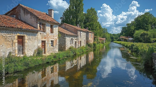 Picturesque canal village with weathered stone houses reflecting in calm water