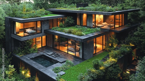 Modern eco-friendly home nestled in lush greenery.  Rooftop gardens, indoor-outdoor living, and dark materials