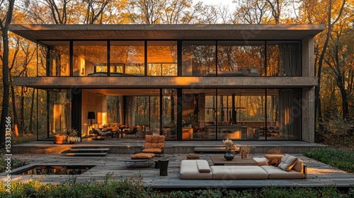 Modern concrete house nestled in autumn forest