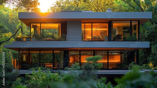 Modern home nestled in a lush forest at sunset.  Interior lights illuminate the living spaces