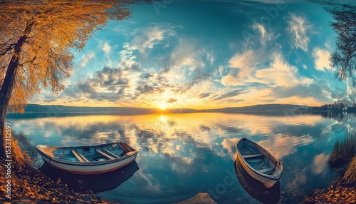 Tranquil lake scene at sunset with a rowboat.