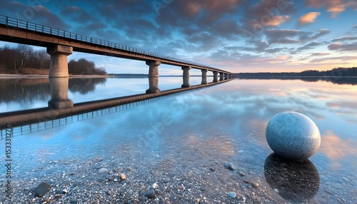 Tranquil lake scene with bridge reflection and stone.