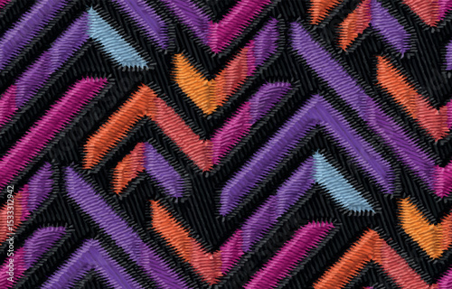 Seamless colorful embroidery zigzag geometric pattern, textile fabric design