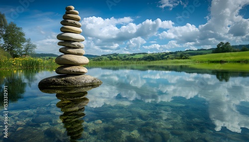Balanced stones atop a rock in a tranquil lake reflecting a serene landscape.